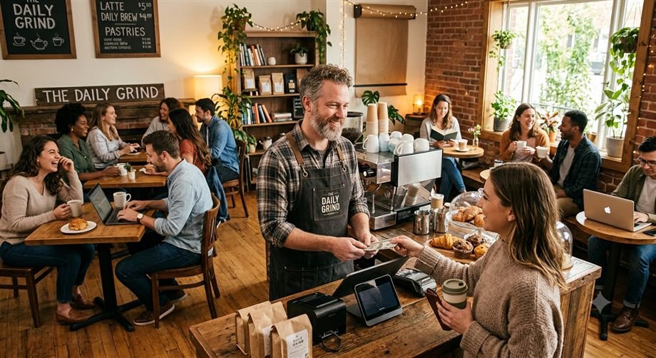 Coffee shop owner serving a customer