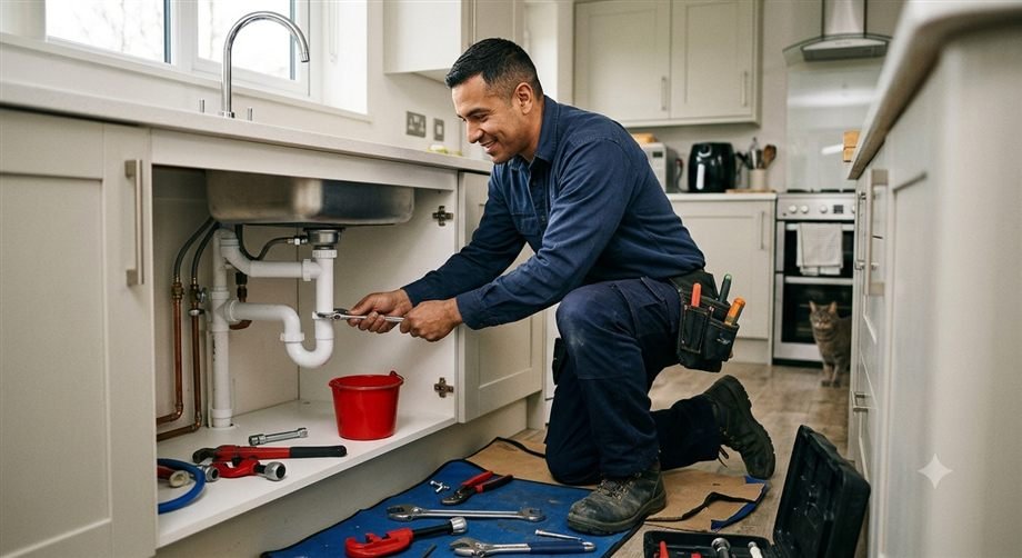 Plumber fixing a kitchen sink