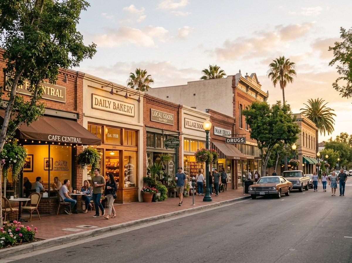 Historic North Orange County California neighborhood small business storefronts with cafes and bakeries